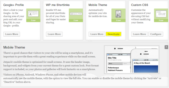 Mobile Theme in Jetpack with Deactivate button
