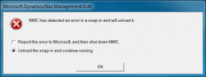 MCC has detected an error in snap-in and will unload it