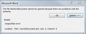 The file {WordDocumentName} cannot be opened because there are problems with the contents