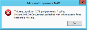 This message is for C/AL programmers: A call to System.Xml.XmlDocument.Load failed with this message: Root element is missing
