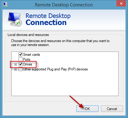 Remote Desktop Connection - Choose local devices and resources